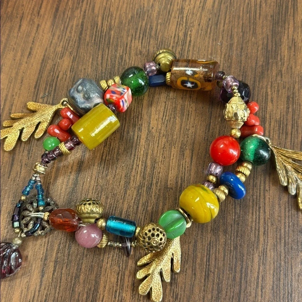 Handmade Glass Murano Colorful Beaded Bracelet with Gold Leaf Charm Accents